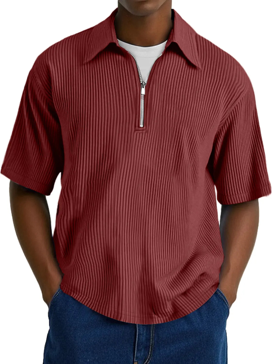 Men's Fashion Ribbed Texture Lapel Zipper Casual Comfort Short Sleeve POLO Shirt