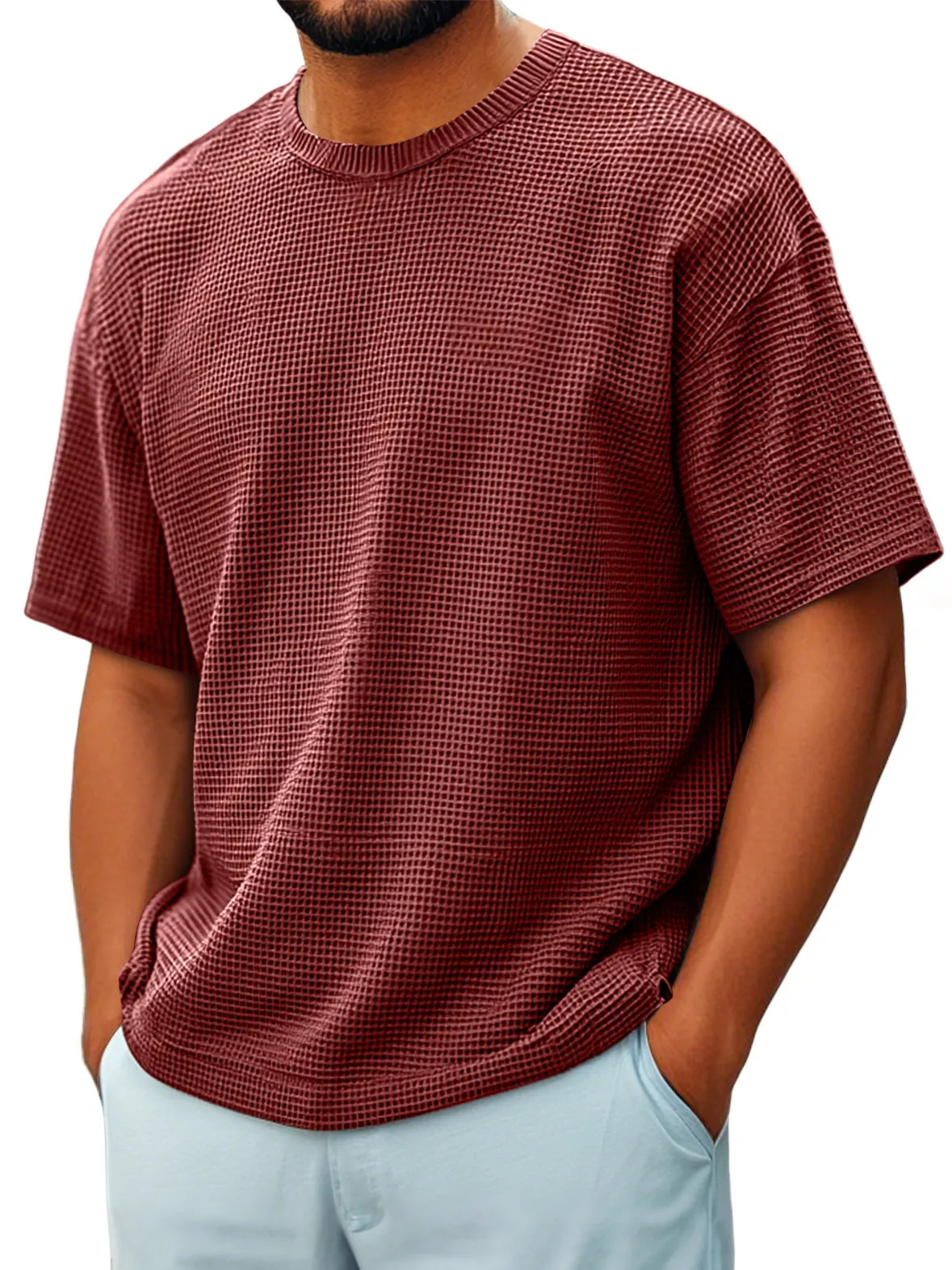 Men's Round Neck Waffle Casual Short-sleeved T-shir