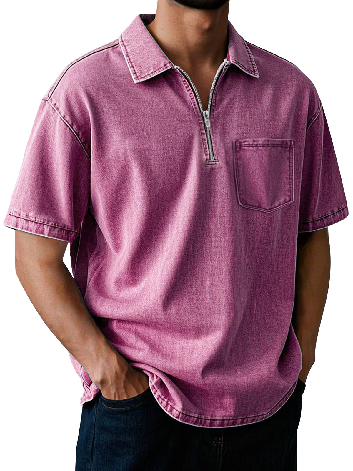 Men's Retro Lapel Zipper Pocket Casual Solid Color Short Sleeve POLO Shirt