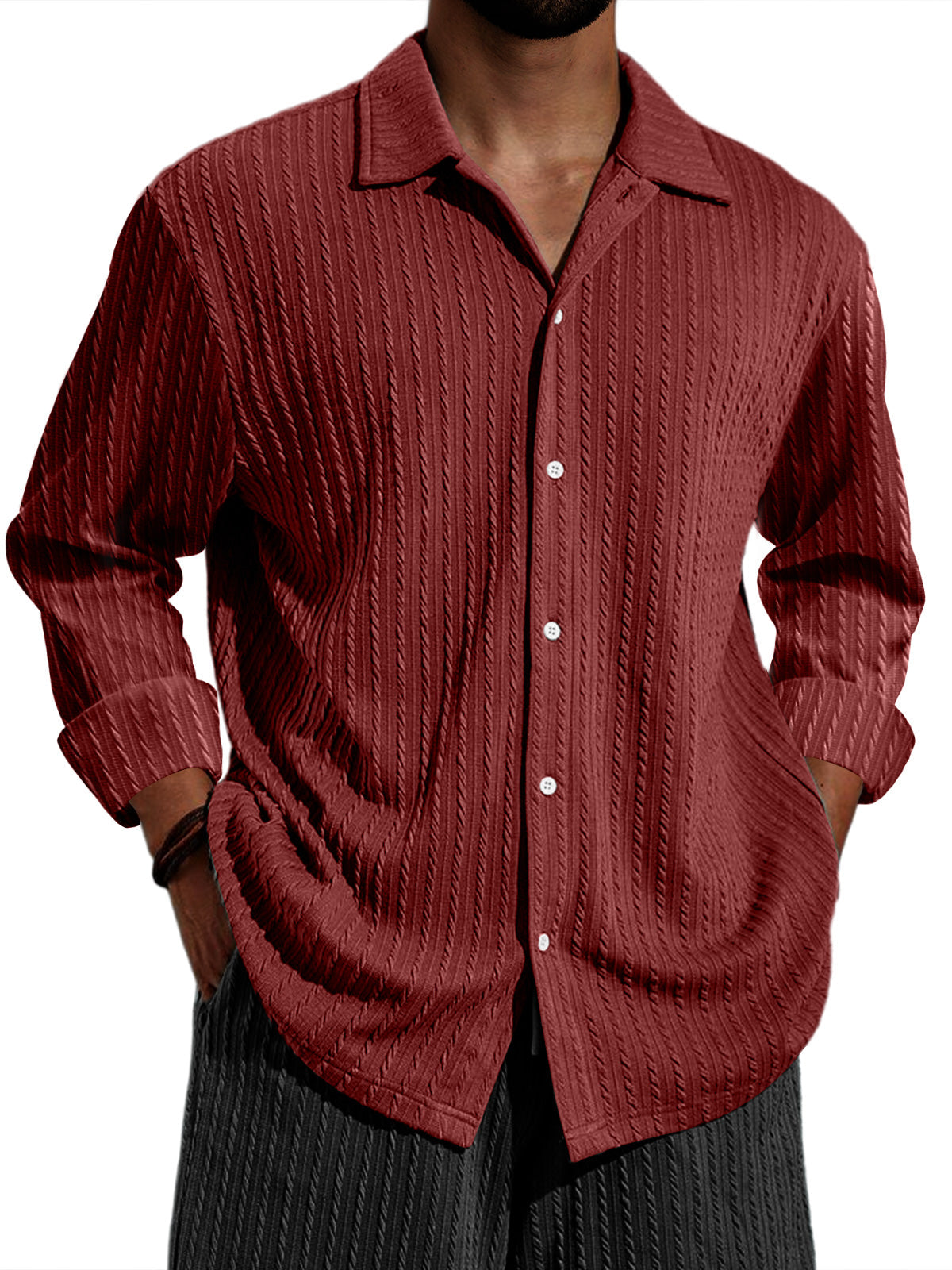 Men's Casual Vertical Stripe Solid Color Long-sleeved Shirt