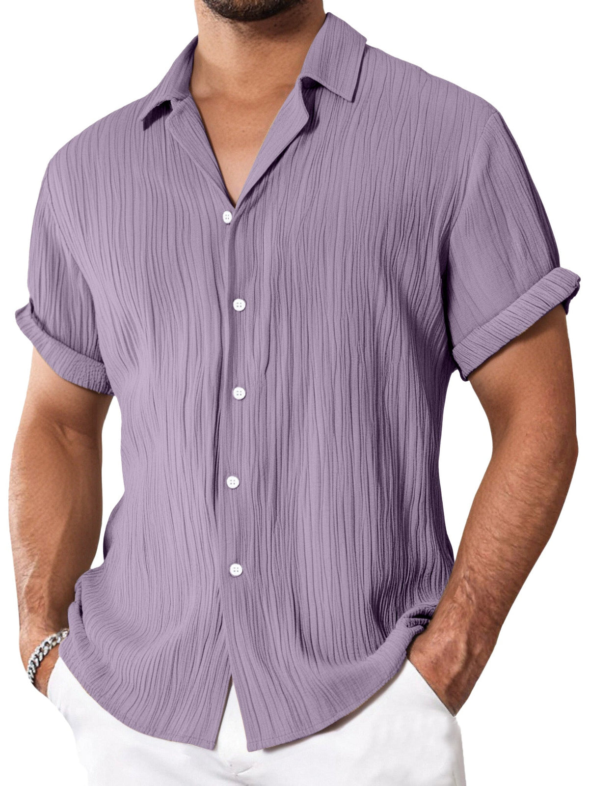 Men's Simple Everyday Textured Short Sleeve Lapel Button-down Shirt