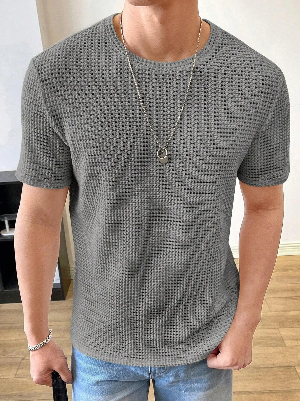 Men's Knitted Waffle Quality Casual Round Neck Short-sleeved T-shirt
