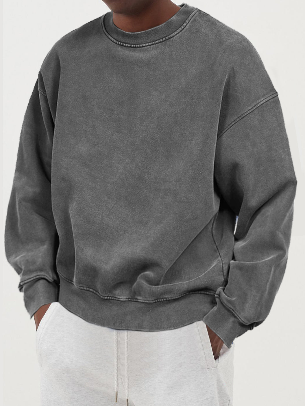Men's Distressed Washed Cotton Round Neck Long-sleeved Sweatshirt