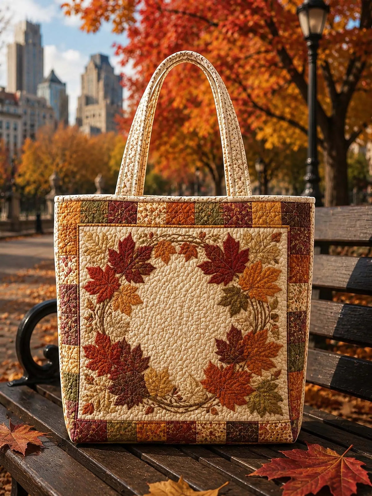 Rustic Autumn Maple Wreath Quilted Tote Bag