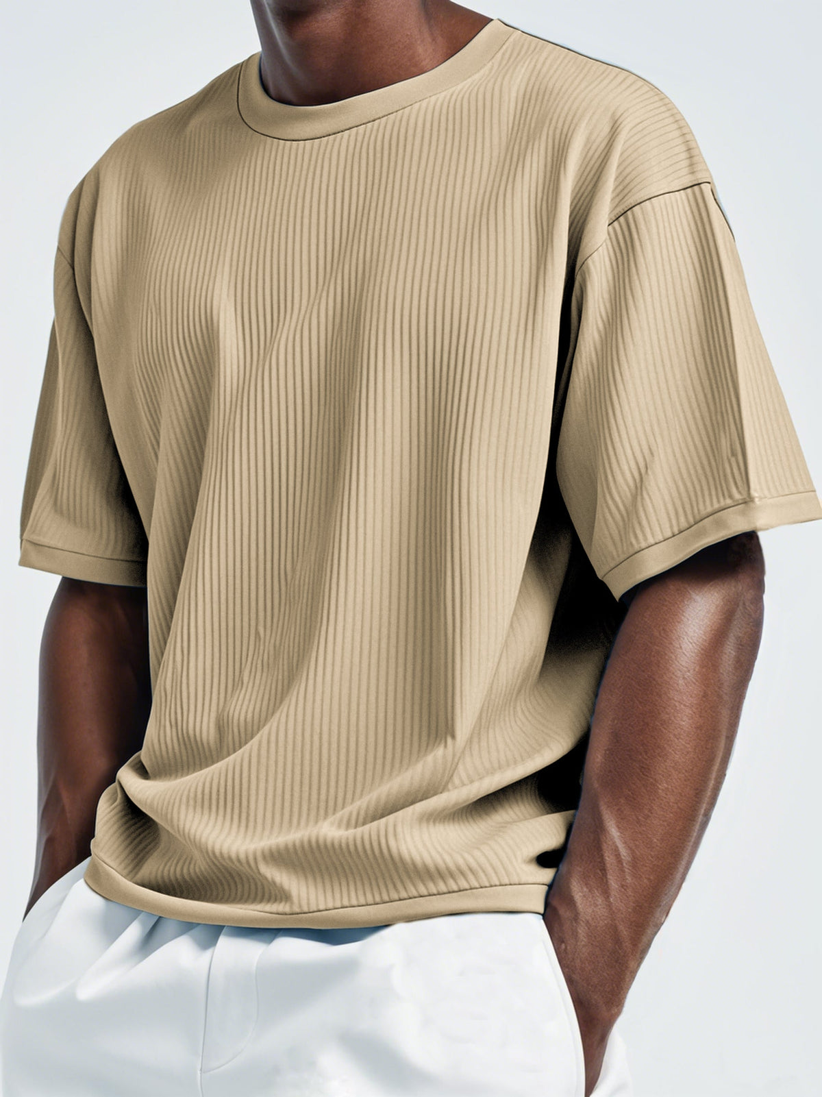 Men's Pleated Vertical Striped Fabric Casual Short Sleeve T-shirt