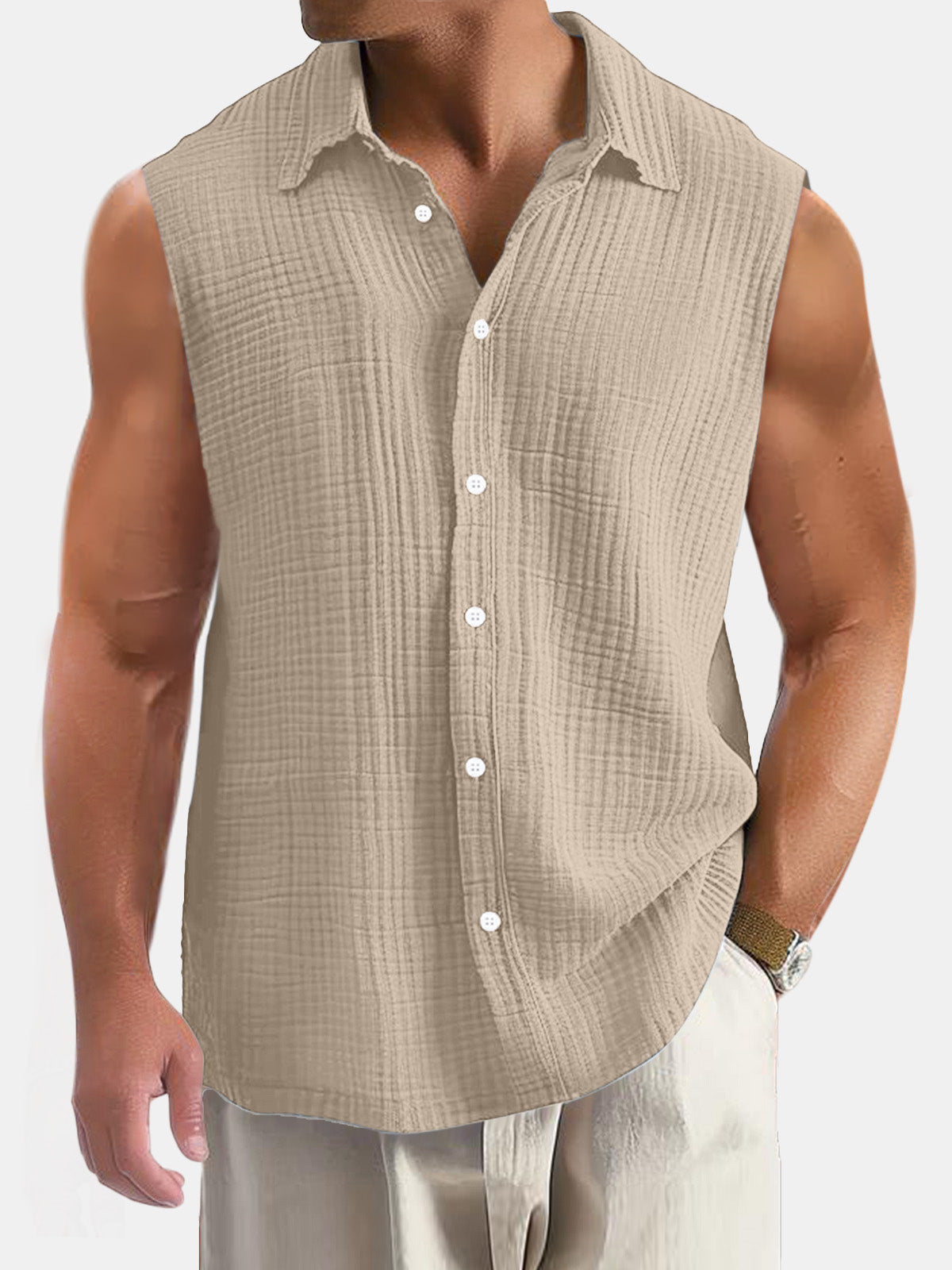 Men's Summer Casual Simple Puff Wrinkle Sleeveless Shirt