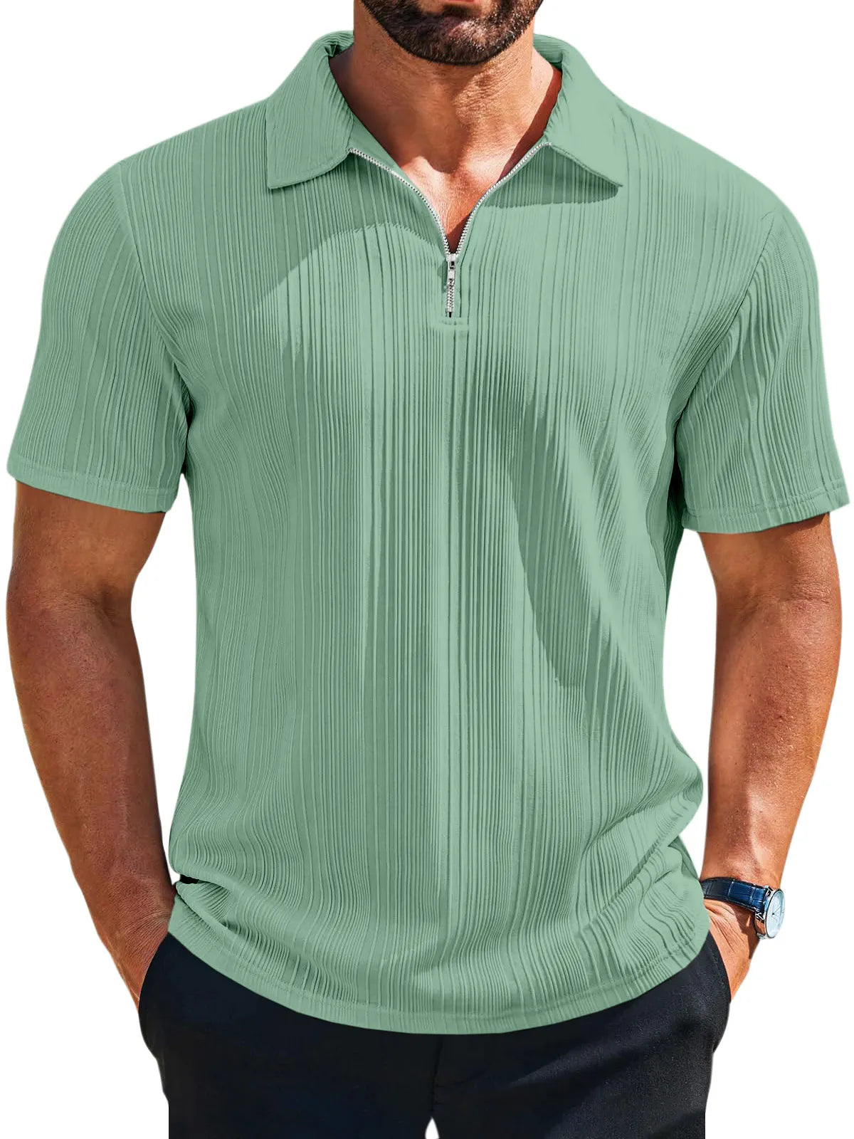 Men's casual loose solid color texture zipper short-sleeved POLO shirt