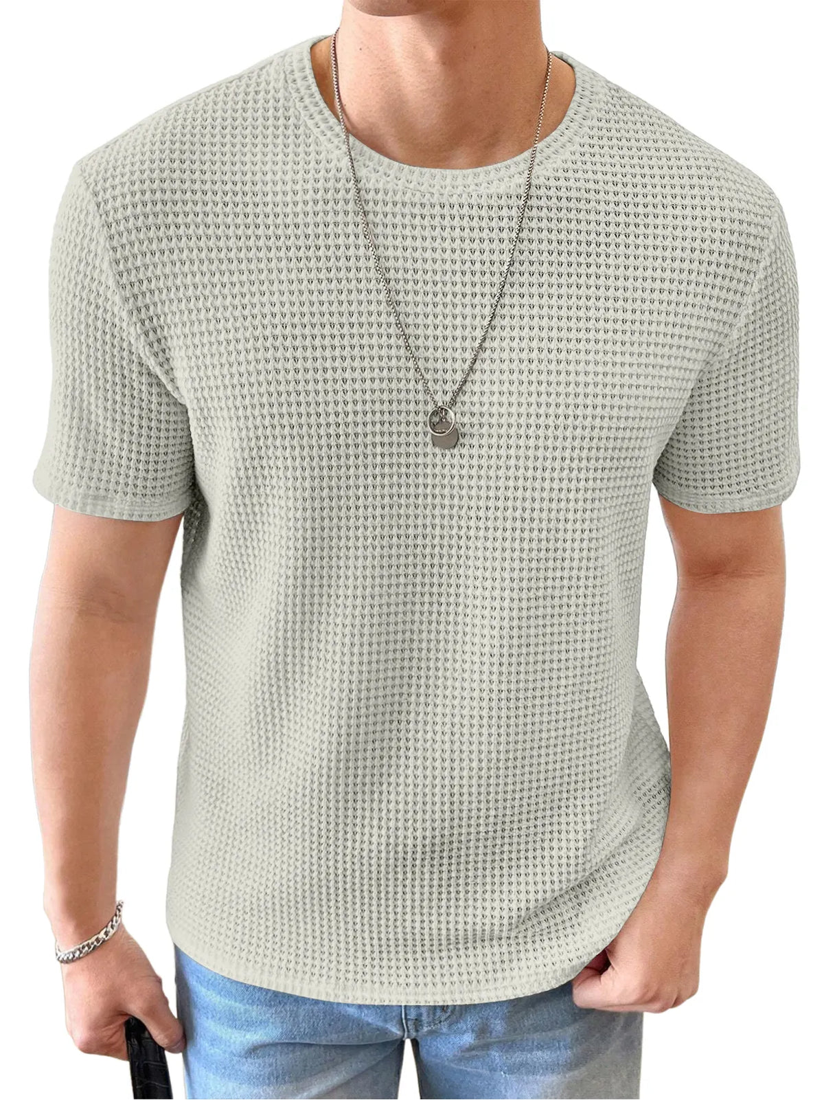 Men's Knitted Waffle Quality Casual Round Neck Short-sleeved T-shirt