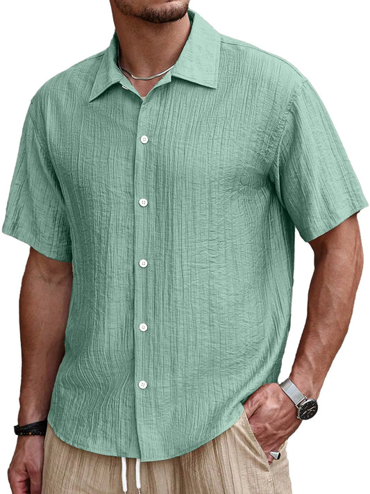 Men's Simple Casual Pleated Solid Color Short Sleeve Button Lapel Shirt