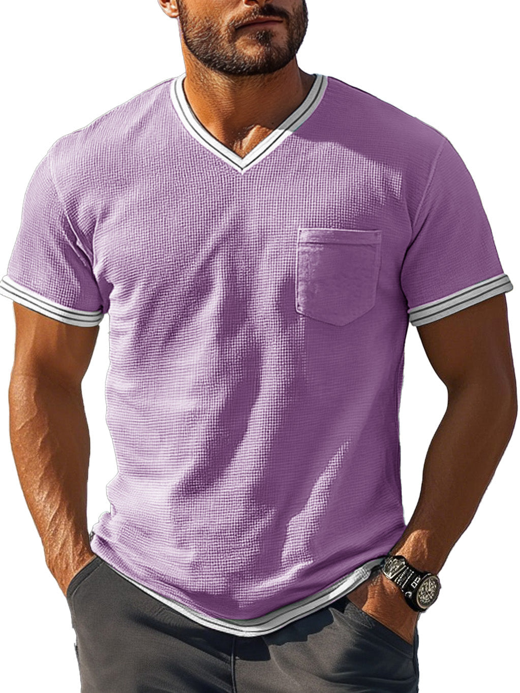 Men's Fashion Retro Patchwork Textured Fabric V-neck Short-sleeved T-shirt