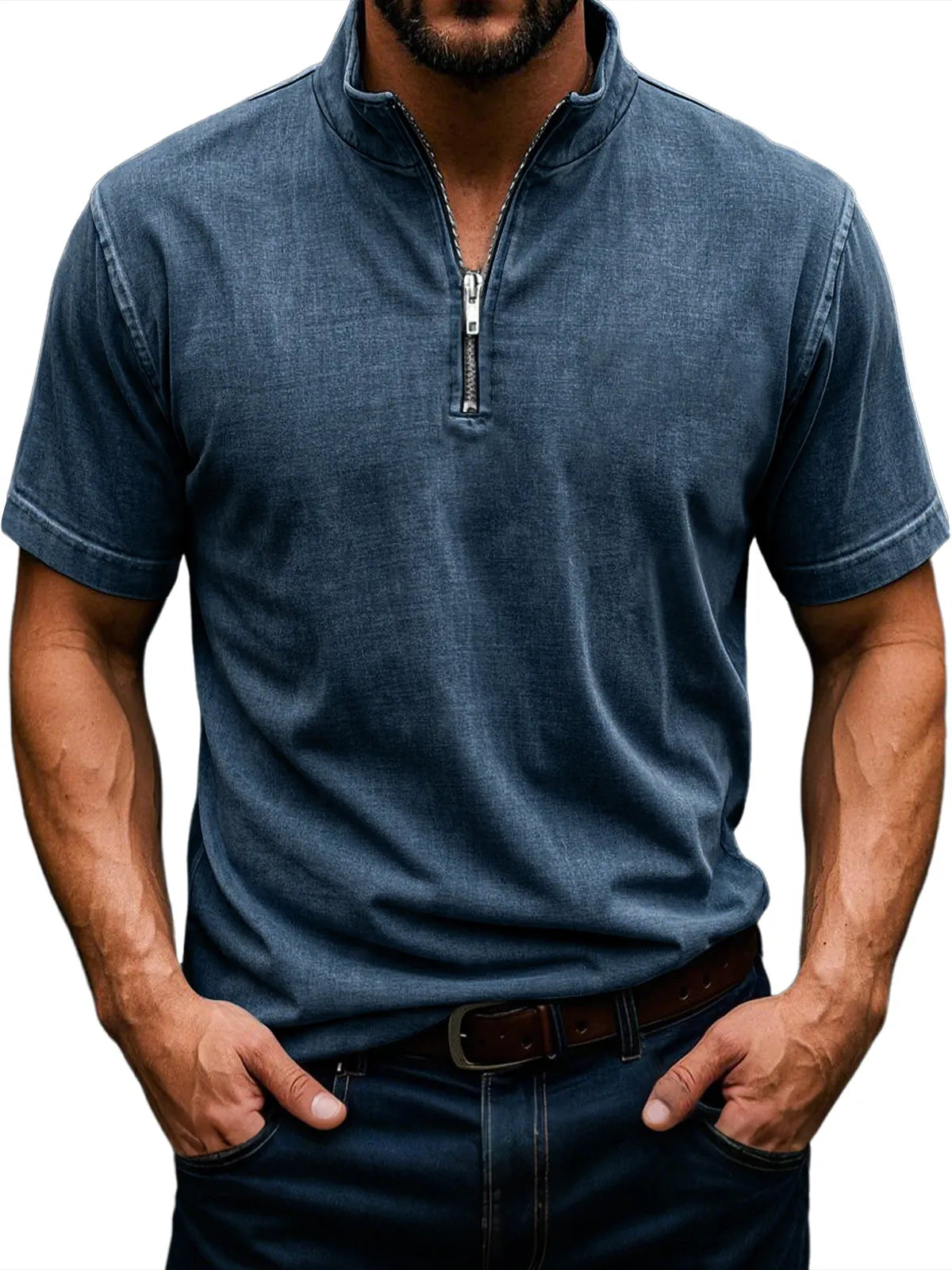 Men's Retro Stand Collar Zipper Casual Solid Color Short Sleeve T-Shirt