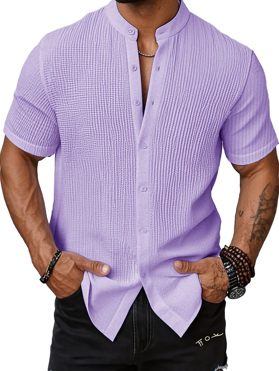 Men's Fashion Casual Bubble Wrinkle Fabric Stand-up Collar Short-sleeved Shirt