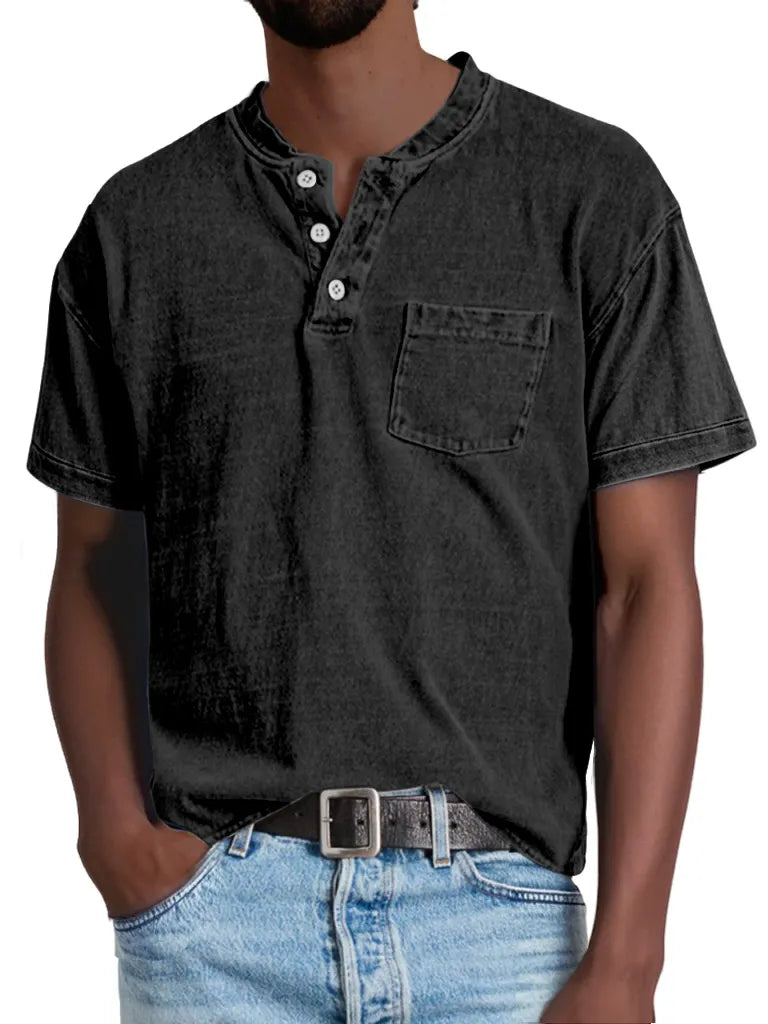 Men's Retro Casual Solid Color Pocket Short Sleeve Henley Shirt