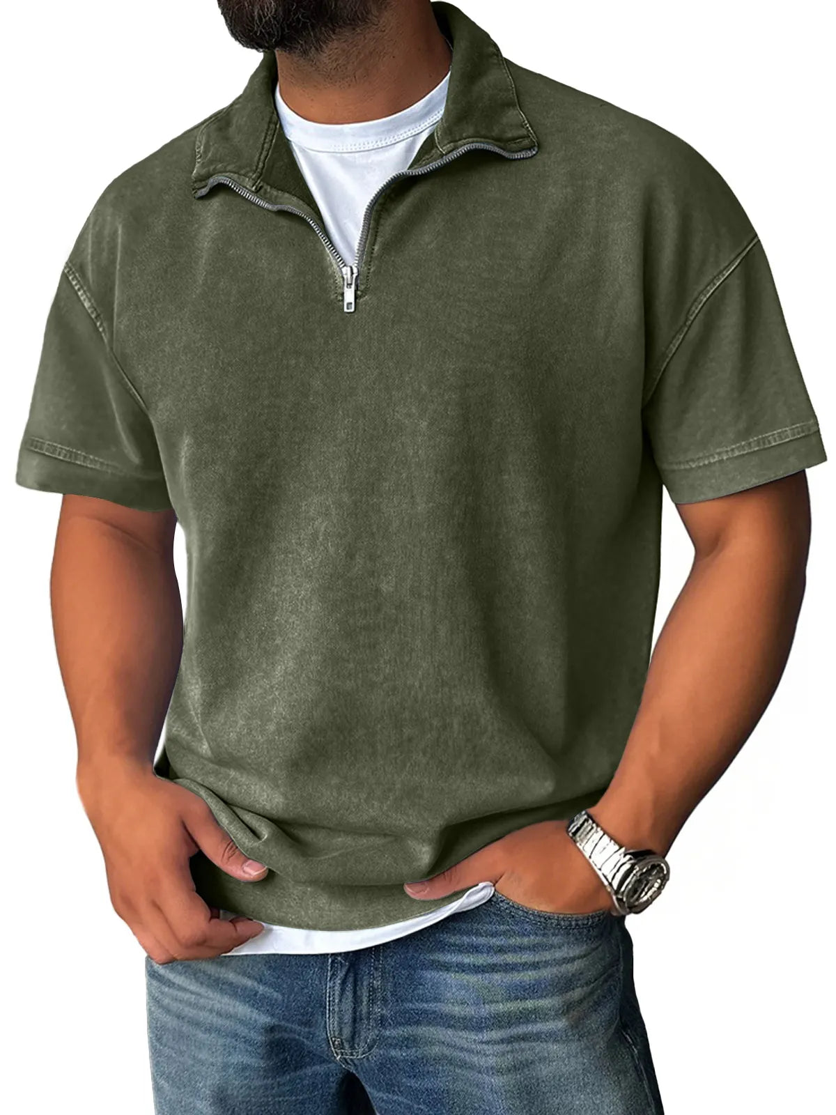 Men's Retro Stand Collar Zipper Casual Solid Color Short Sleeve T-Shirt
