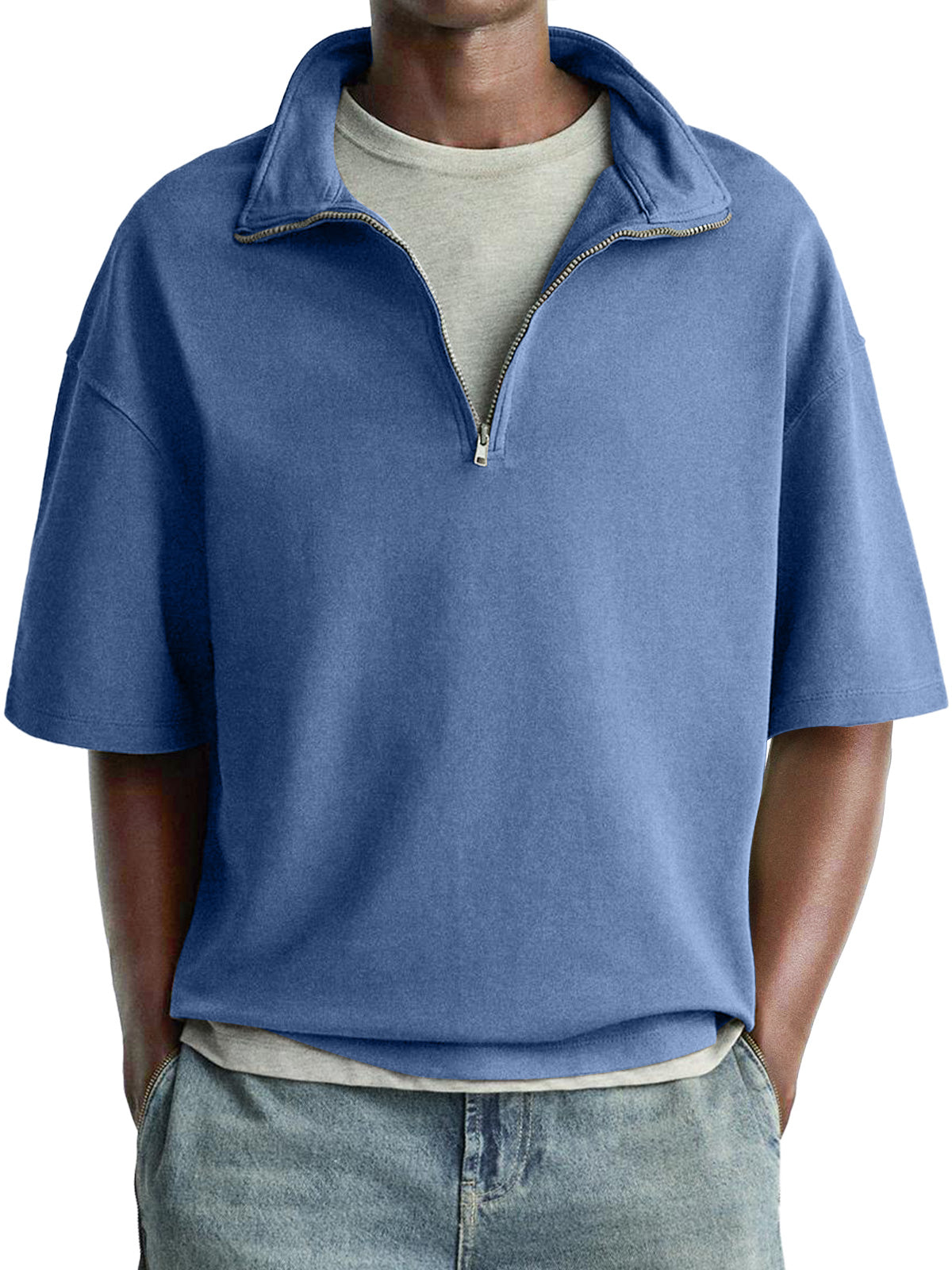Men's Daily Casual Stand Collar Zipper Comfortable Short-sleeved T-shirt