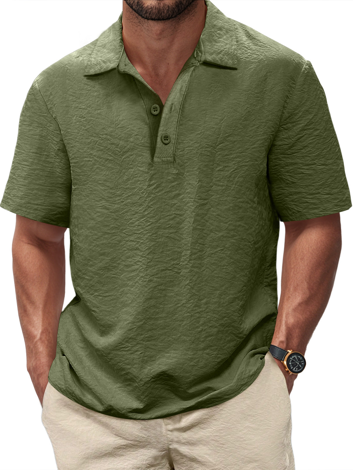 Men's Casual Pleated Texture Button Solid Color Short-sleeved Polo Shirt