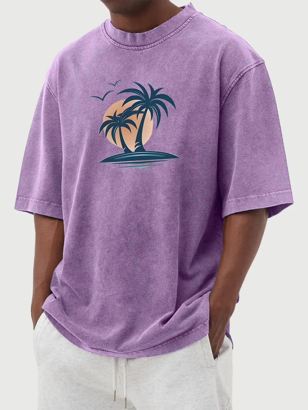 Men's Washed Distressed Cotton Palm Tree Casual Short-sleeved T-shirt