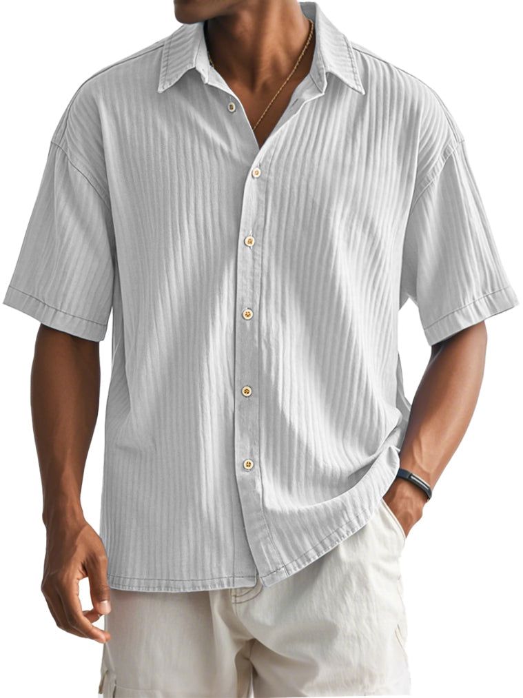 Men's Fashion Casual Ribbed Fabric Short-sleeved Lapel Shirt