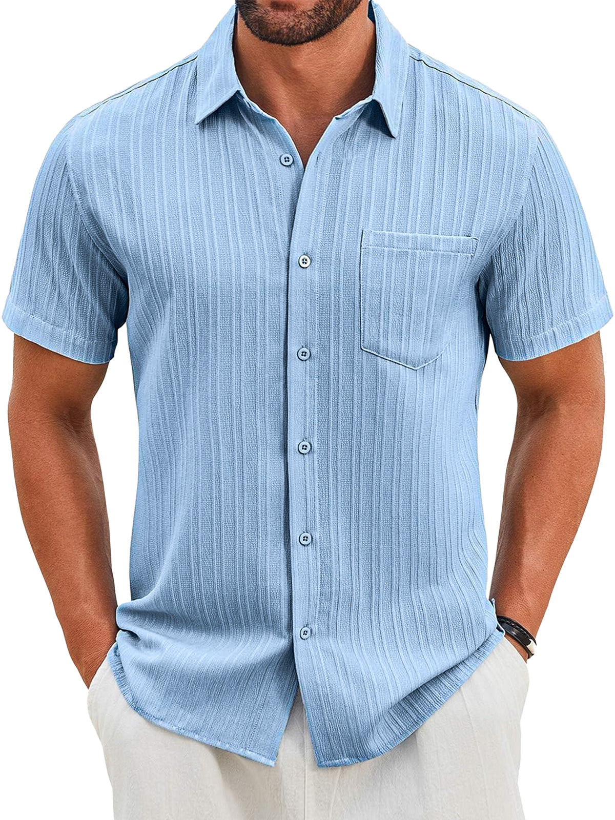 Men's Casual Vertical Striped Textured Lapel Solid Color Short-sleeved Shirt