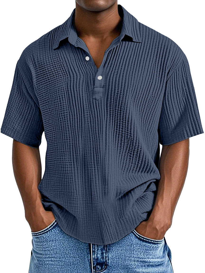 Men's Simple Daily Loose Pleated Texture Short Sleeve Lapel Polo Shirt