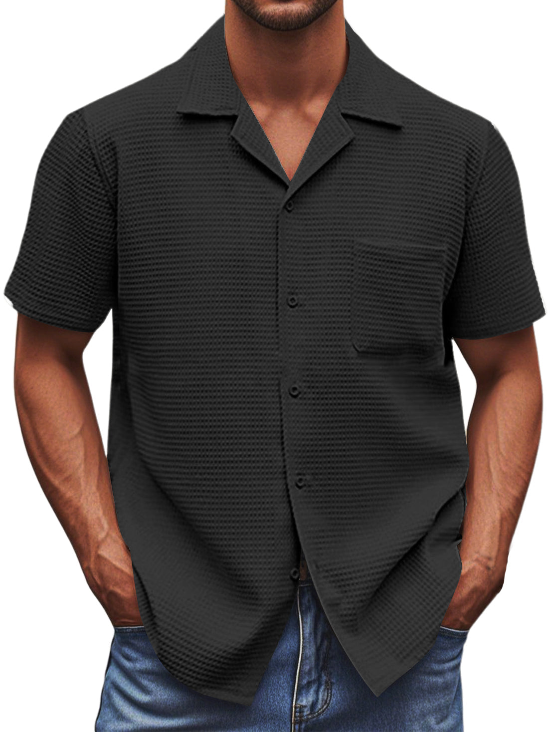Men's Cuban Collar Waffle Texture Basic Soft And Comfortable Daily Casual Pocket Short-sleeved Shirt