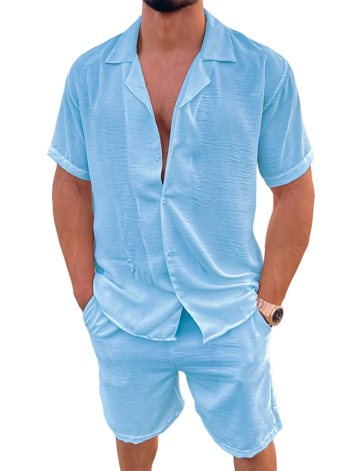Men's Linen Camp Set Vacation Leisure Short Sleeve and Shorts Two-piece Suit