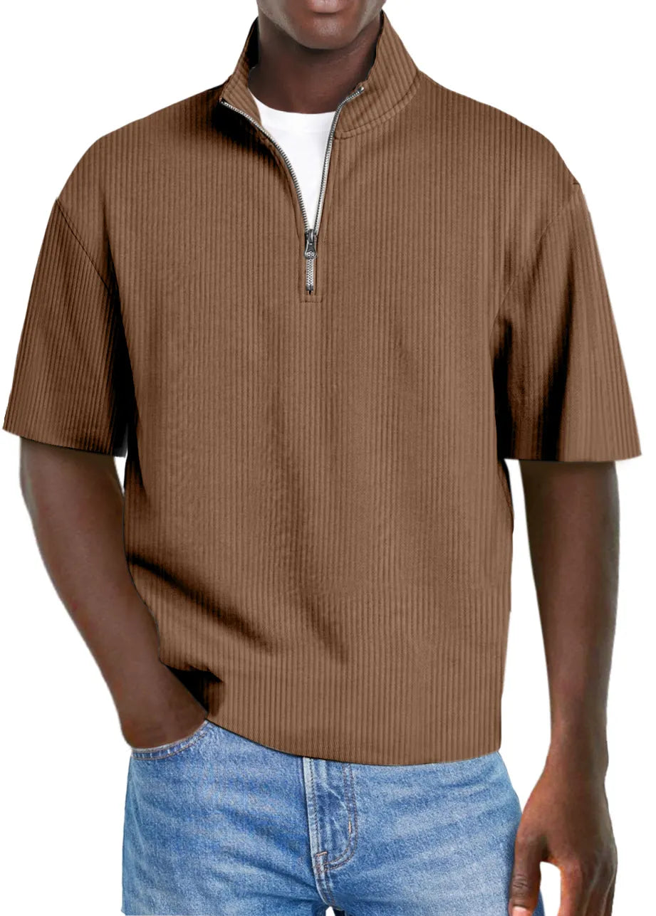 Men's Casual Solid Color Pit Collar Stand Collar Zipper Short Sleeve Polo Shirt