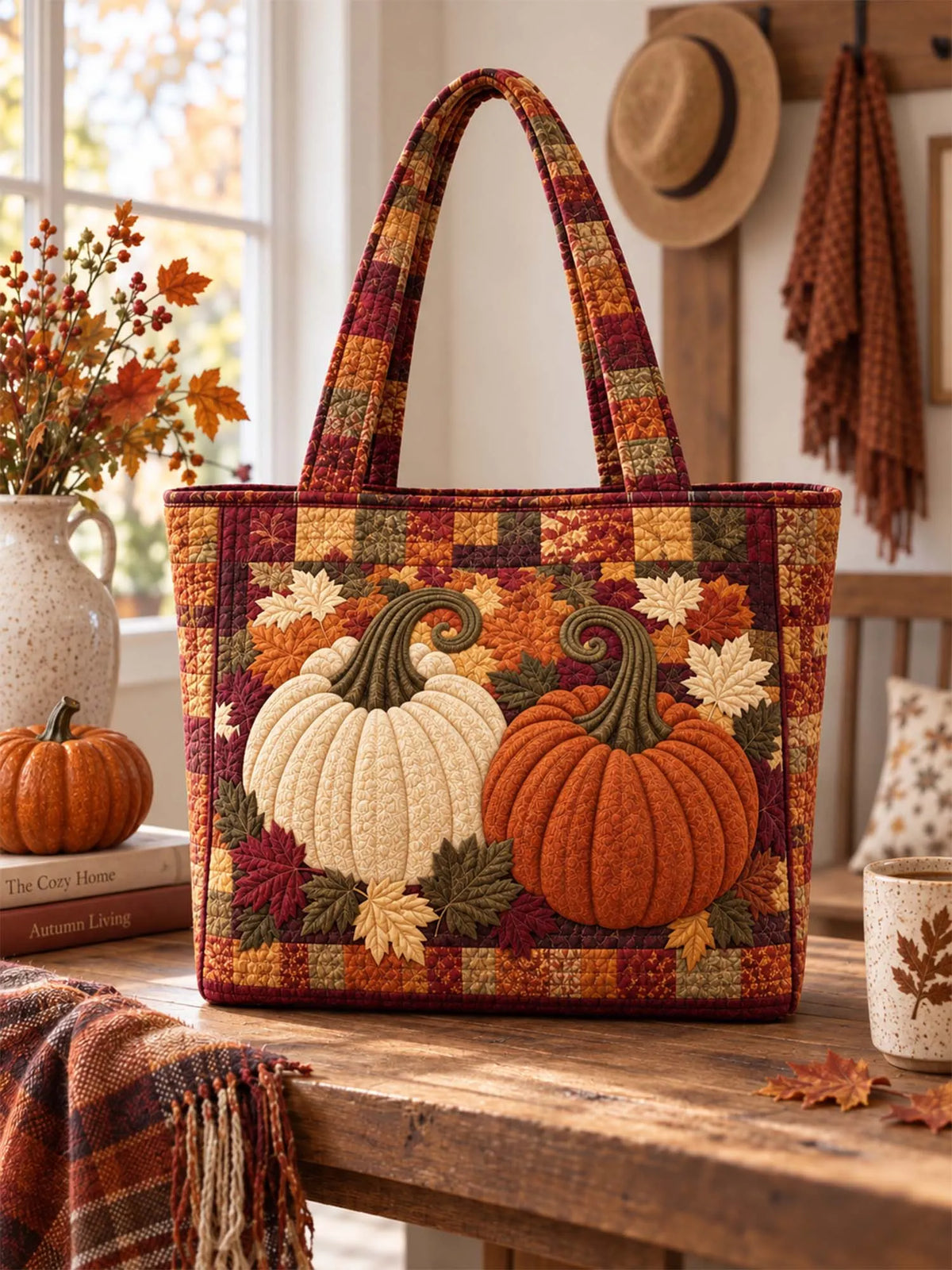 Vintage Fall Pumpkin Maple Leaf Patchwork Quilted Tote Bag