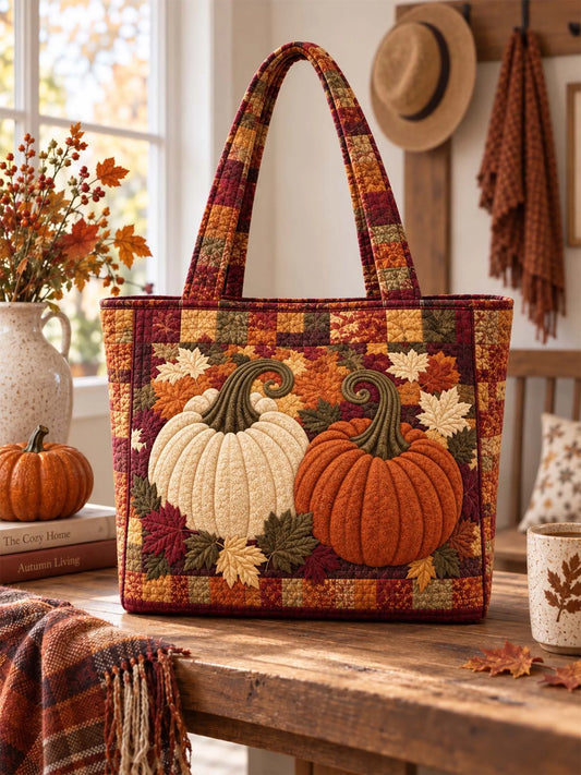Vintage Fall Pumpkin Maple Leaf Patchwork Quilted Tote Bag