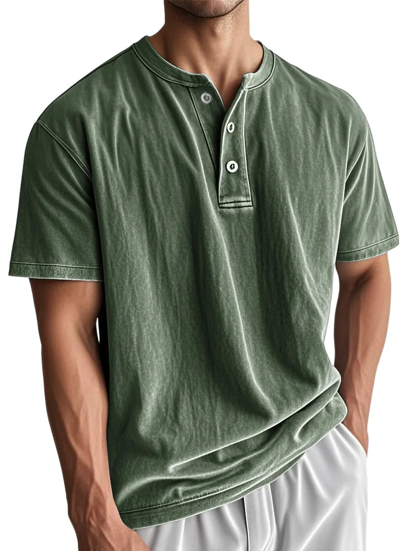 Men's Washed And Distressed Cotton Vintage Henley Collar Short-sleeved T-shirt