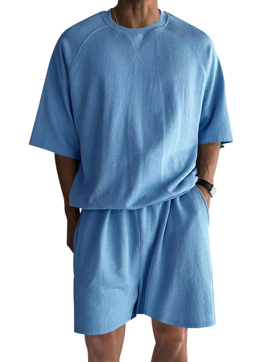 Men's Stylish Cotton Suit Crew Neck Raglan Sleeve Short-sleeved T-shirt and Shorts Daily Casual Two-piece Set