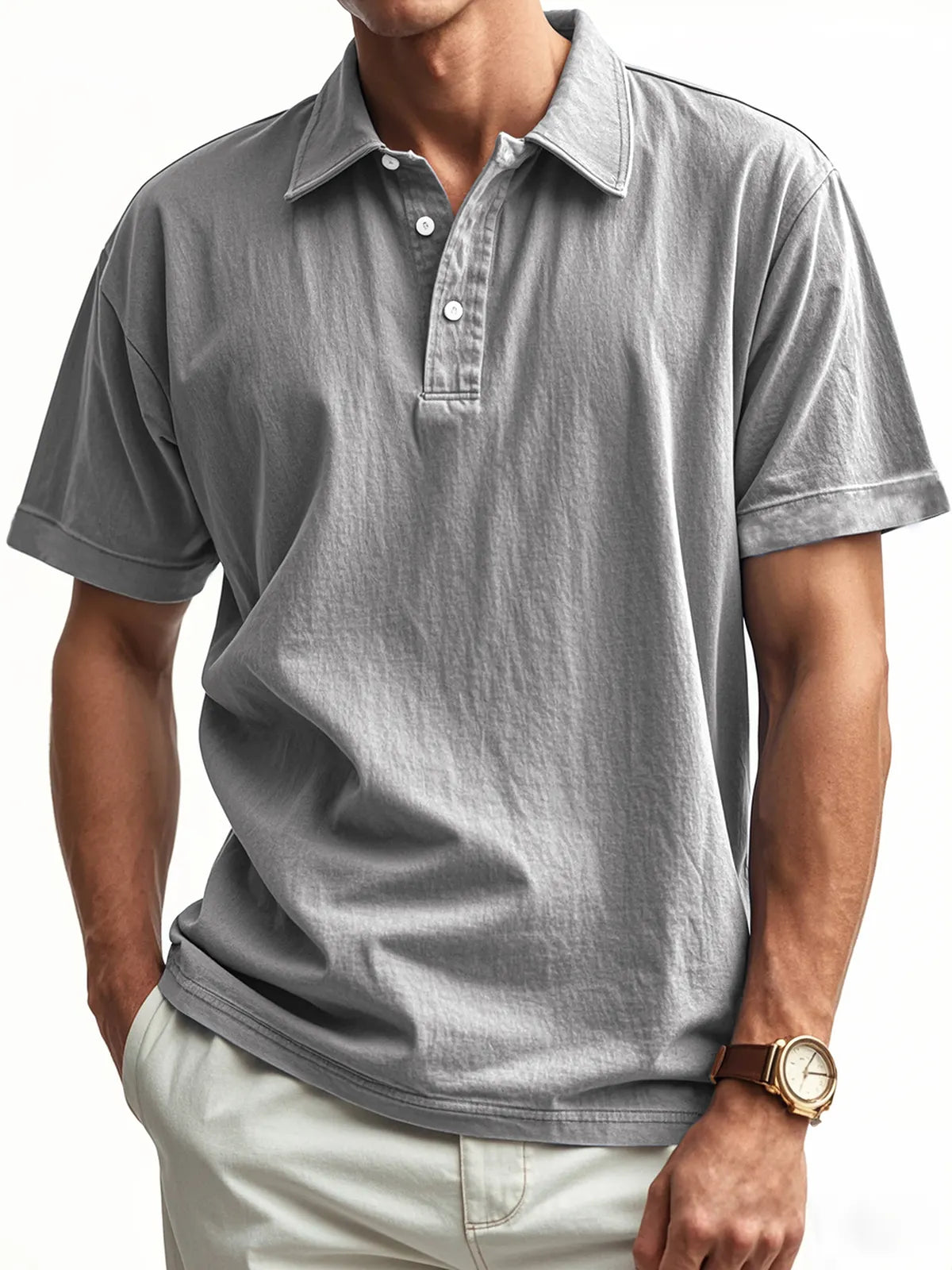 Men's Retro Washed Distressed Button Lapel Casual POLO Shirt