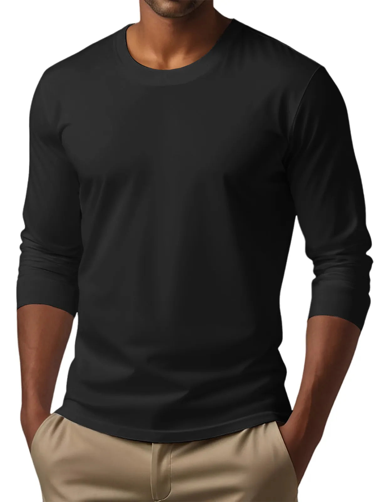 Men's Casual Round Neck Solid Color Comfortable Long Sleeve T-Shirt