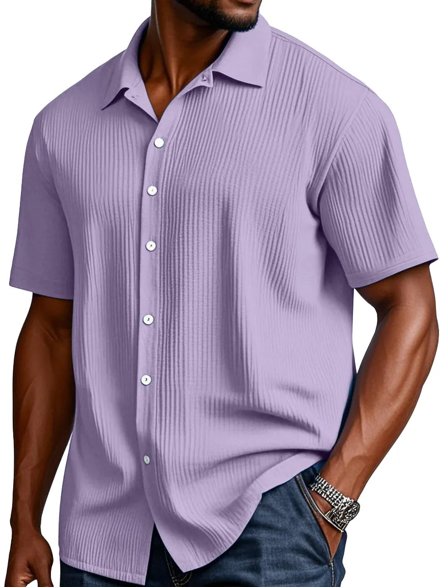 Men's Comfortable Solid Color Texture Short Sleeve Button Shirt