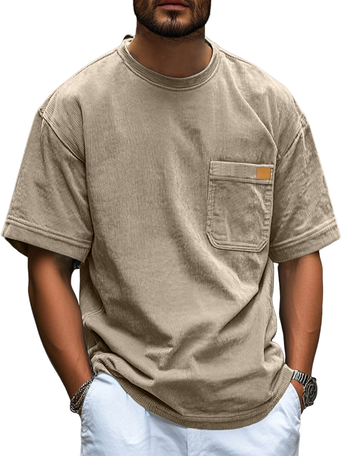 Men's Fashion Retro Corduroy Simple Embroidered Logo Pocket Casual Short-sleeved T-shirt