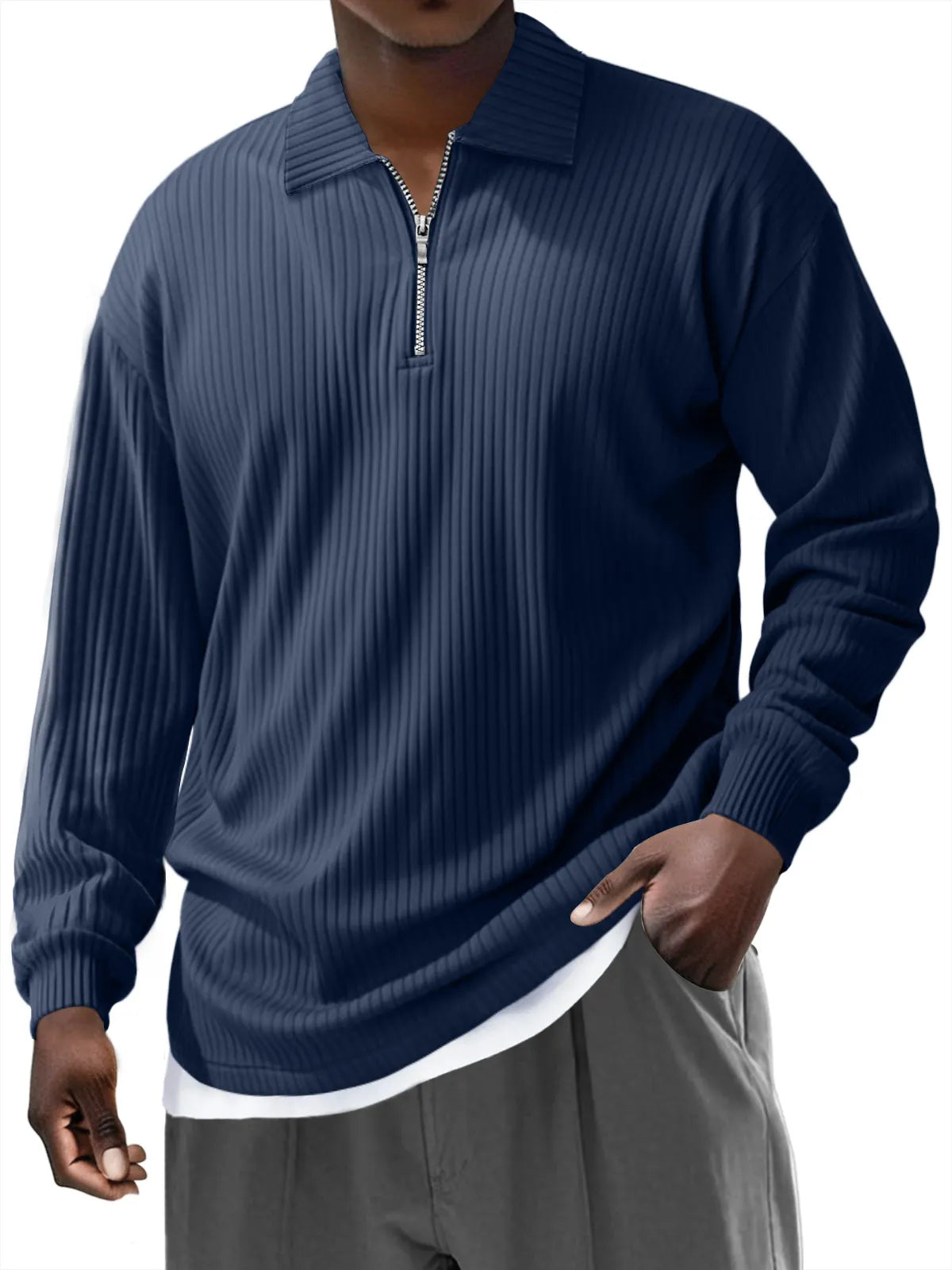 Men's Pit Zipper Lapel Solid Color Long-sleeved Polo Shirt