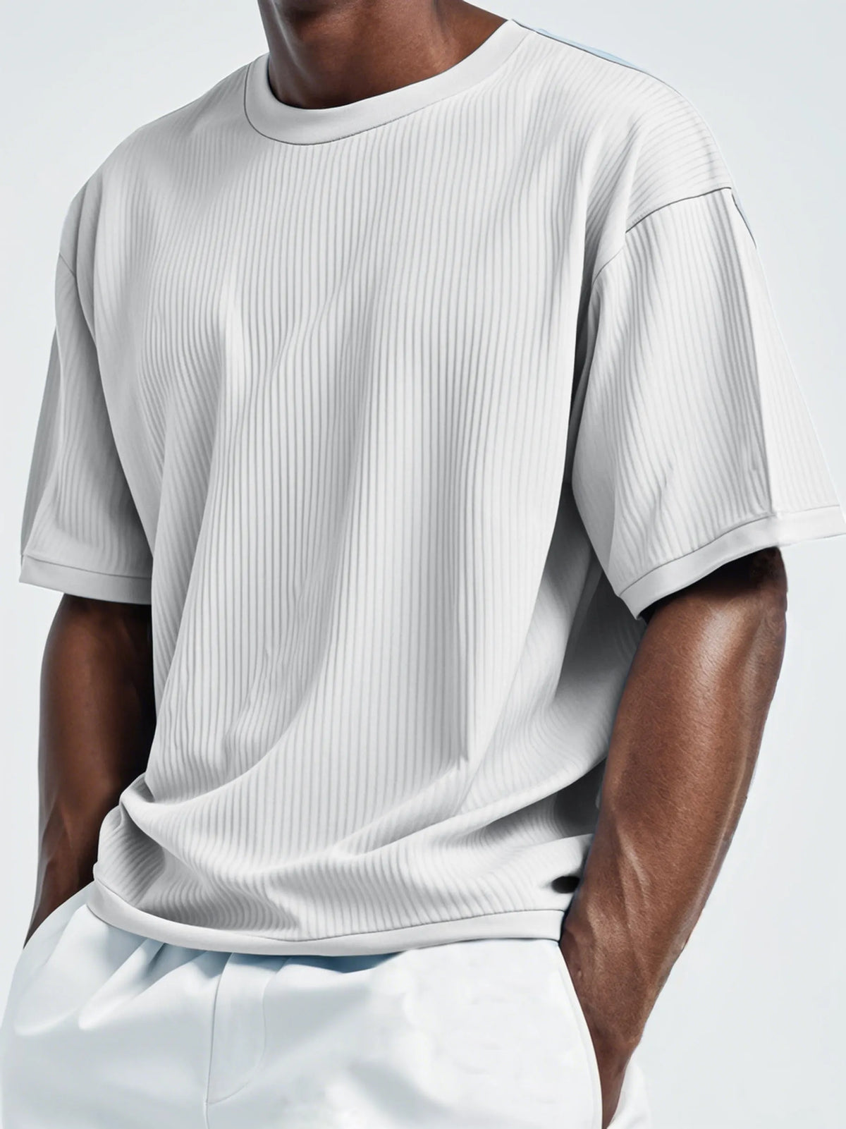 Men's Pleated Vertical Striped Fabric Casual Short Sleeve T-shirt