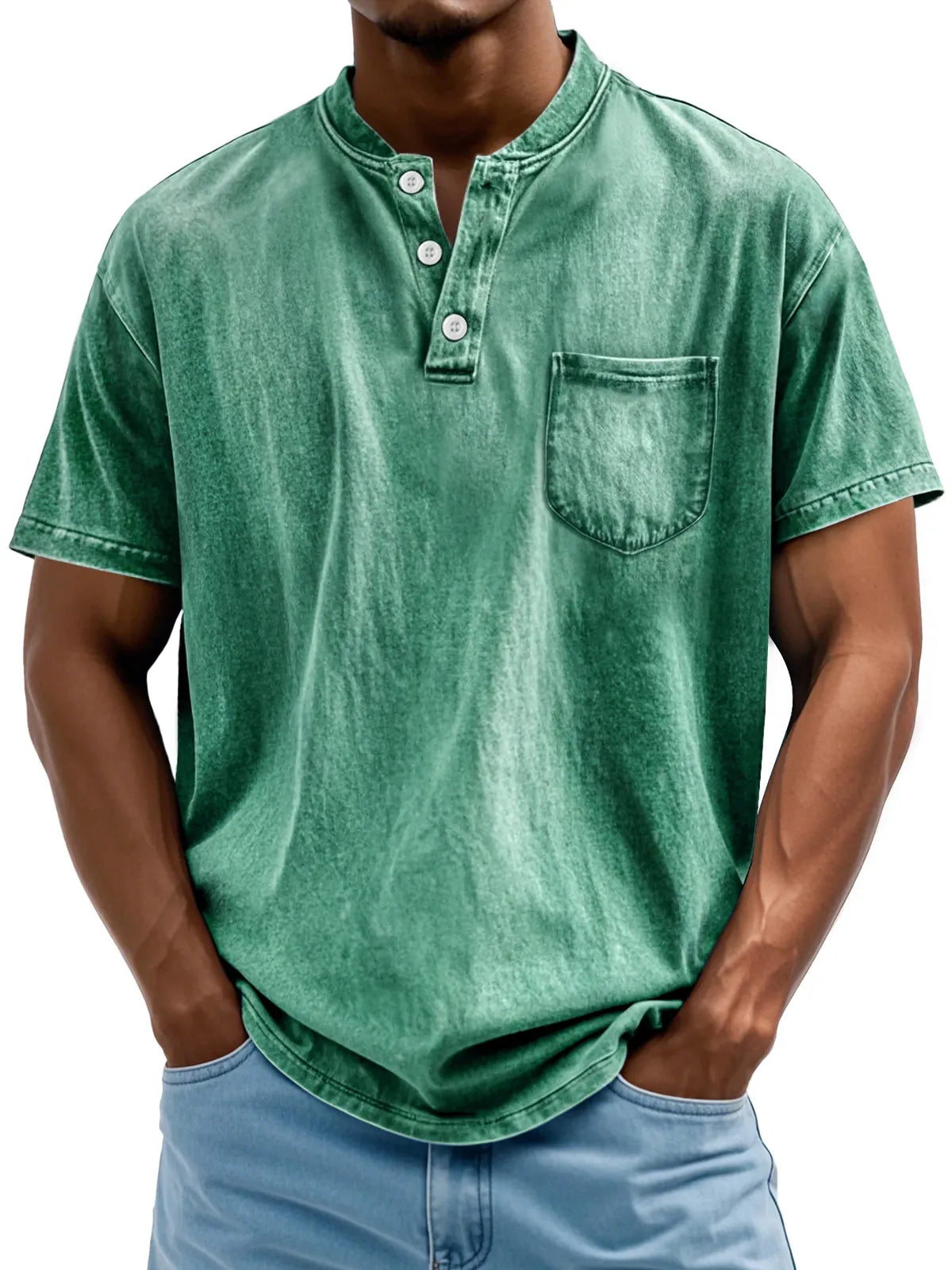 Men's Retro Stand Collar Pocket Casual Solid Color Short Sleeve Henley Shirt