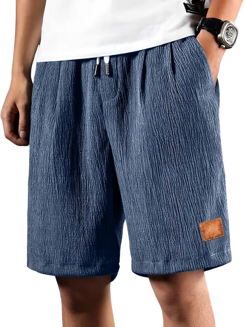 Men's Daily Pleated Texture Embroidered Logo Drawstring Casual Shorts