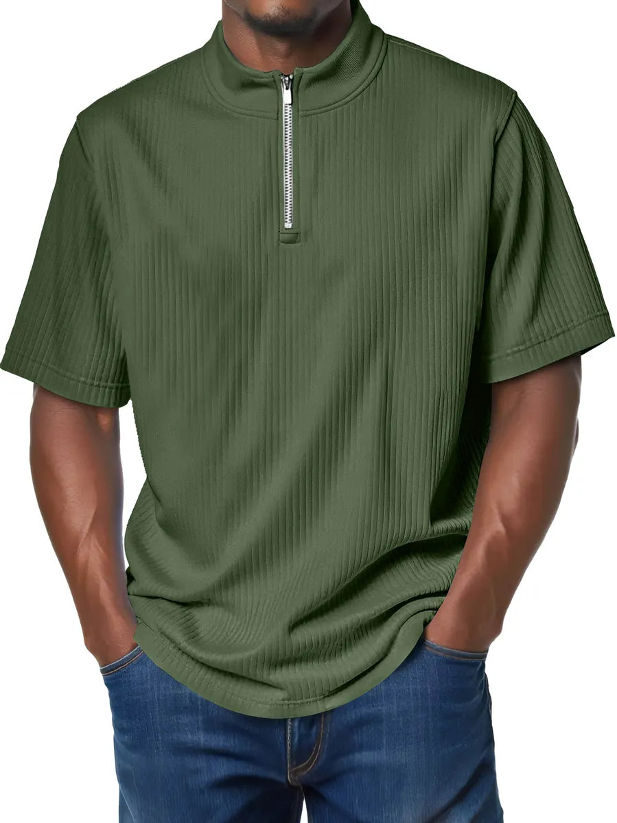 Men's Fashion Stand Collar Zipper Ribbed Texture Casual Comfort Short Sleeve T-shirt