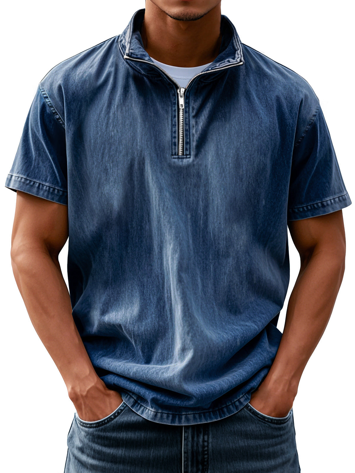 Men's Retro Everyday Stand Collar Zipper Solid Color Short Sleeve Shirt