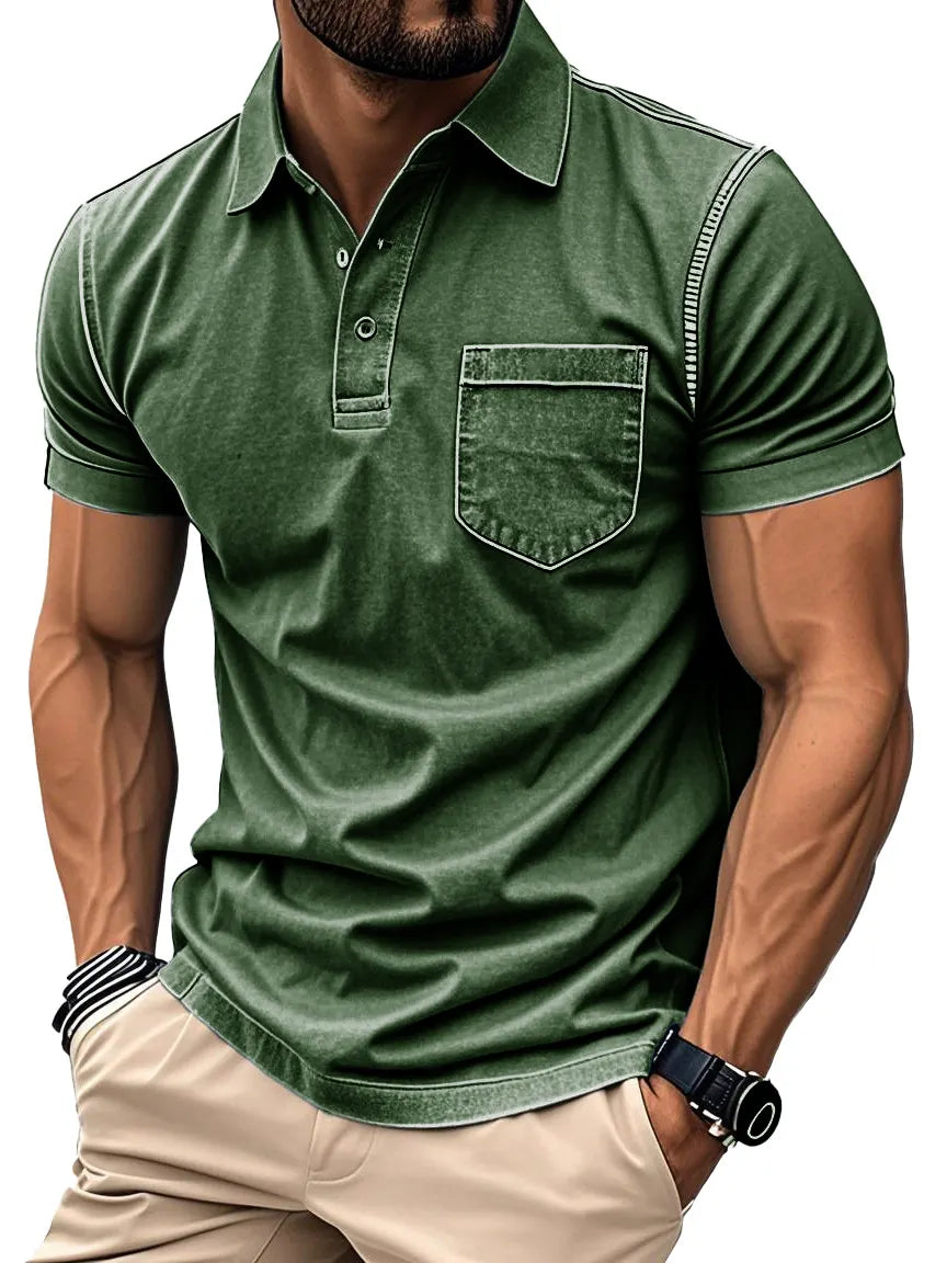 Men's Fashion Retro Distressed Lapel Short-sleeved Pocket Polo Shirt