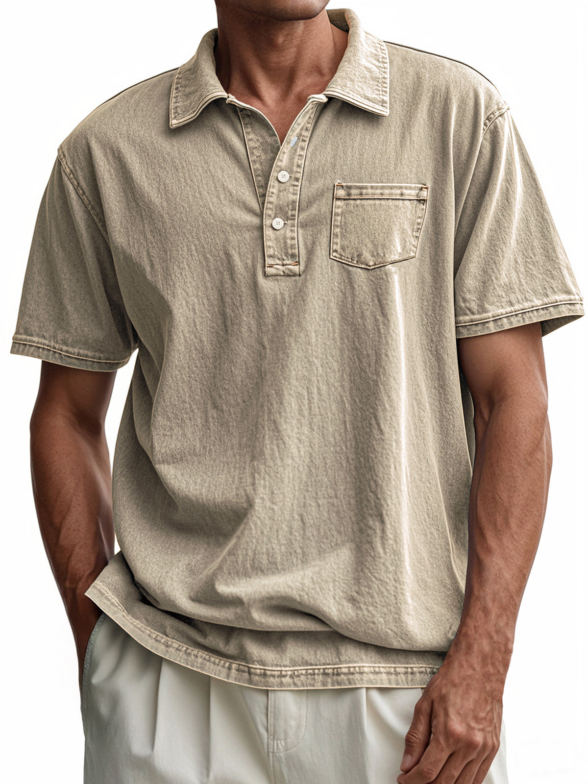 Men's Vintage Distressed Button-Down Short Sleeve POLO Shirt With Chest Pocket
