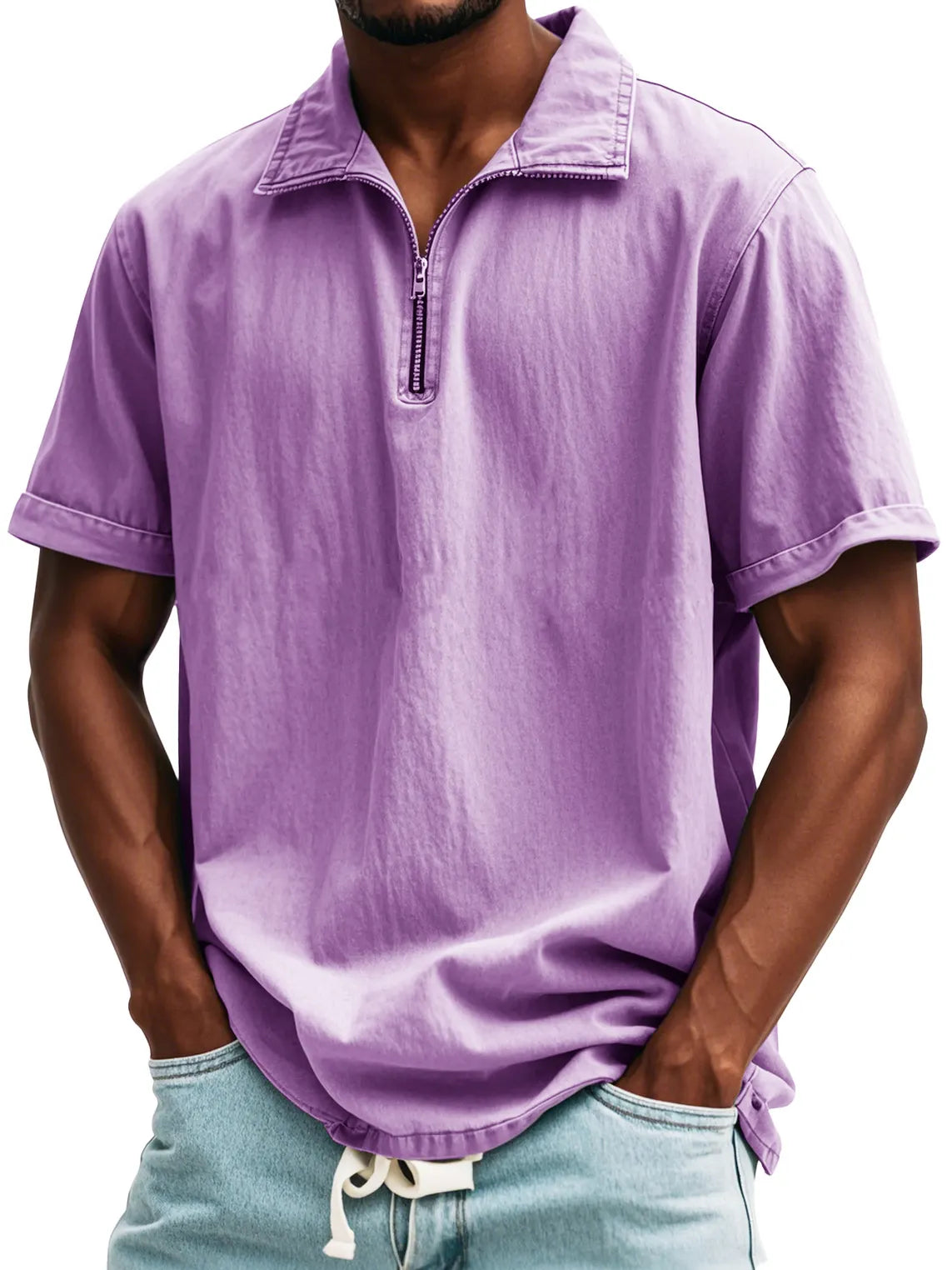 Men's Fashion Retro Zipper Stand Collar Short Sleeve Shirt