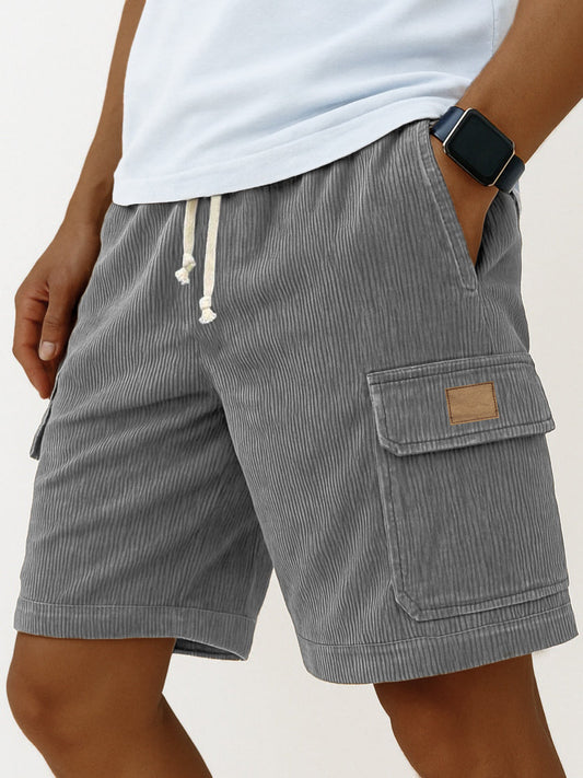 Men's Stylish Multi-pocket Cargo Shorts Corduroy Vintage Embroidered Logo Casual Lace-up Loose Shorts
