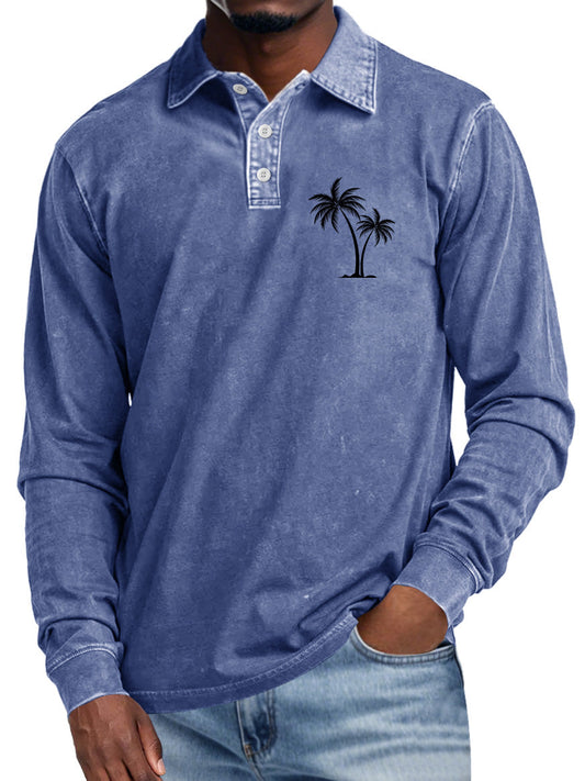 Men's Casual Lapel Buttoned Coconut Print Long Sleeve POLO Shirt