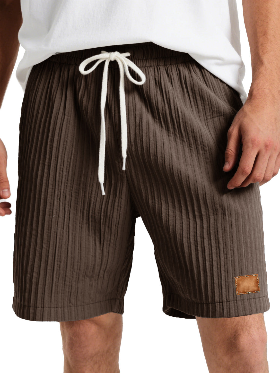 Men's Fashion Casual Striped Fabric Embroidered Logo Lace-up Loose Shorts