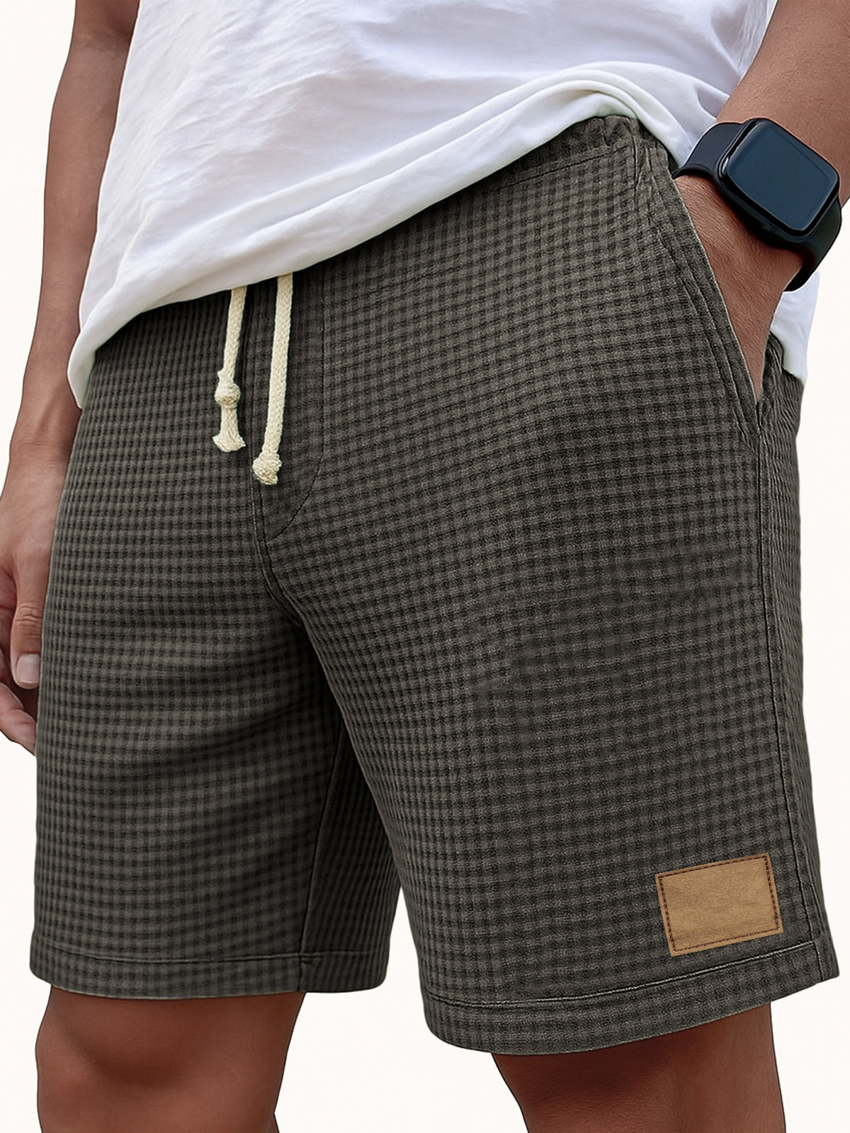 Men's Comfortable Waffle Vintage Embroidered Logo Casual Lace Up Loose Shorts