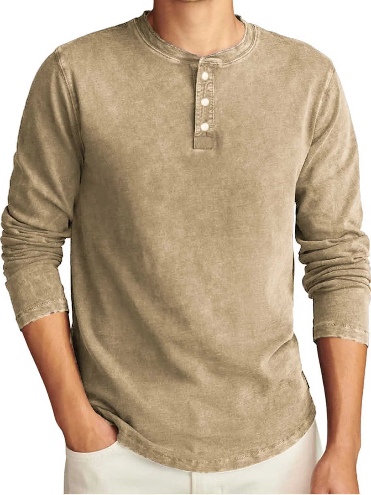 Men's Vintage Distressed Long Sleeve Casual T-Shirt Henley Shirt