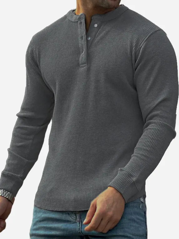 Men's Textured Waffle Trend Long Sleeve Lapel Henley